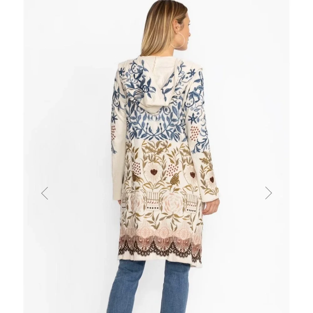 Biya Johnny Was Teresa Embroidered Hooded Cardigan Duster Ecru Bird Floral Small